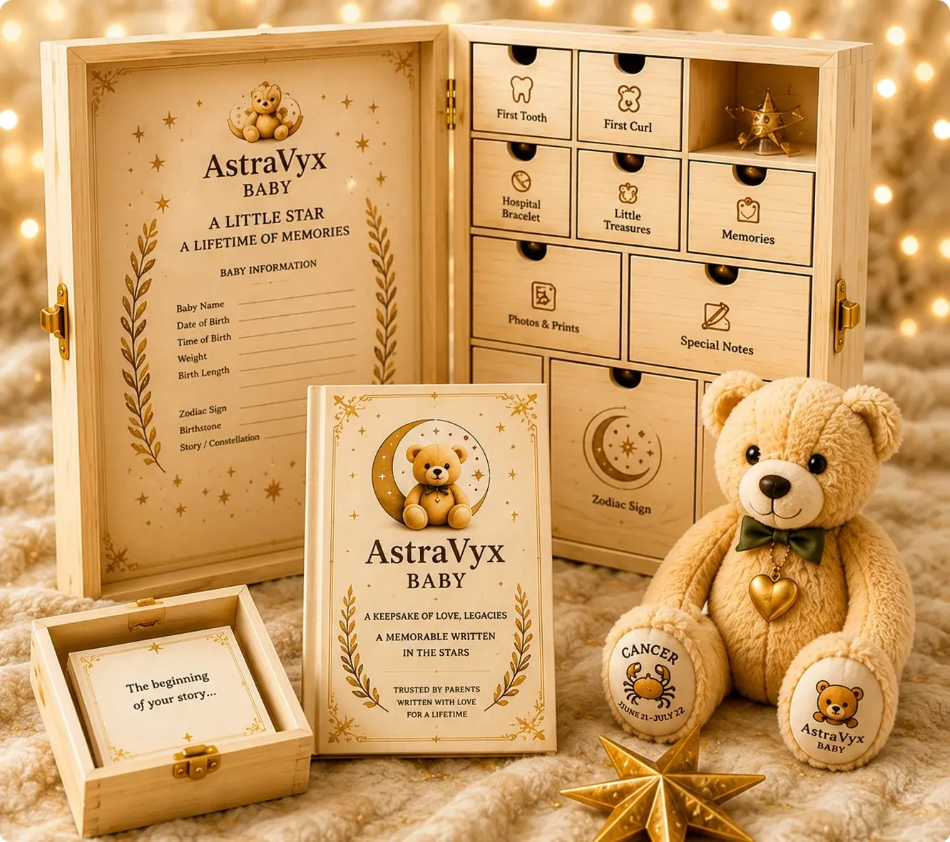 AstraVyx Baby luxury memory keepsake box with teddy bear and zodiac drawers